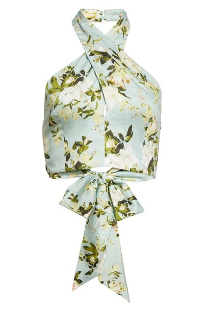 Shop Erdem Luna Floral Print Crossover Cotton Halter Top In Magnolia Garden Mint