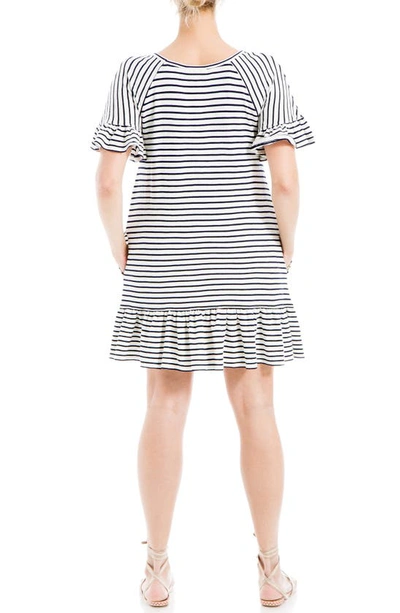 Shop Max Studio Stripe Ruffle Short Sleeve Shift Dress In White/ Navy