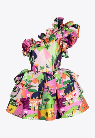 Shop Celiab Baltic One-shoulder Printed Mini Dress In Multicolor