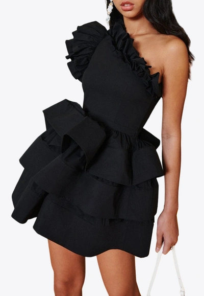 Shop Celiab Baltic One-shoulder Ruffled Mini Dress In Black