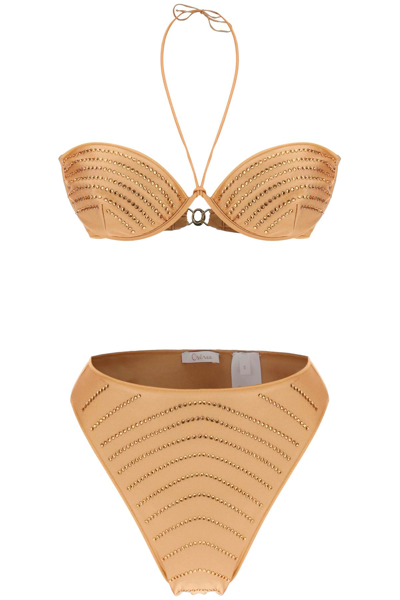 Shop Oseree Bikini Set With Rhinestones In Sandstone (beige)