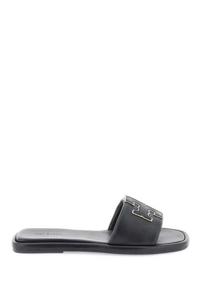 Shop Tory Burch Double T Leather Slides In Perfect Black Gold (black)