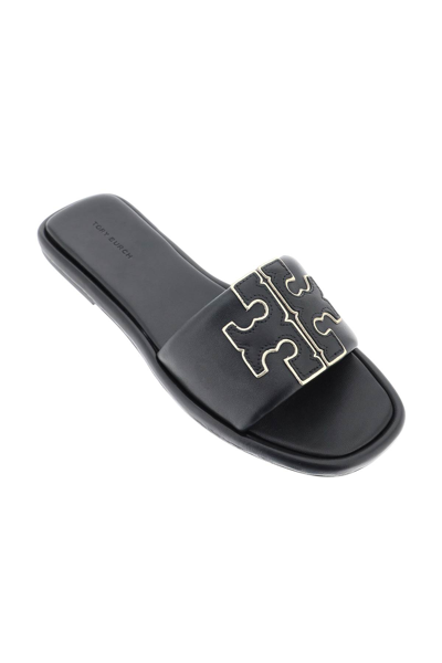 Shop Tory Burch Double T Leather Slides In Perfect Black Gold (black)