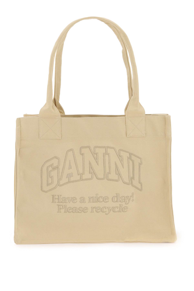 Shop Ganni Tote Bag With Embroidery In Buttercream (beige)