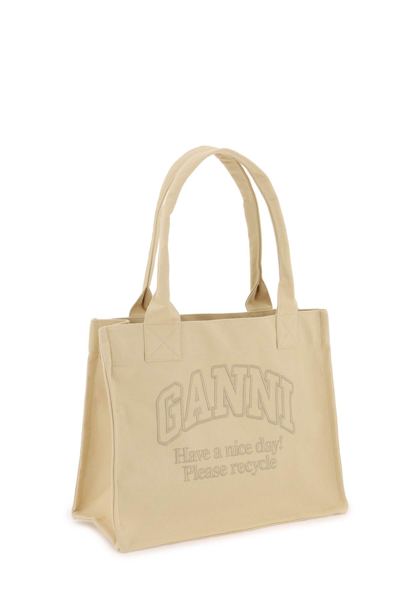 Shop Ganni Tote Bag With Embroidery In Buttercream (beige)