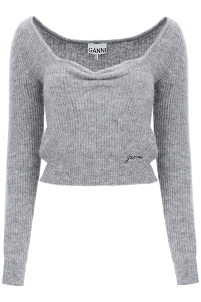 Shop Ganni Sweater With Sweetheart Neckline In Paloma Melange (grey)