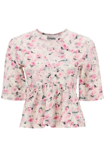 Shop Ganni Floral Peplum Blouse In Orchid Smoke