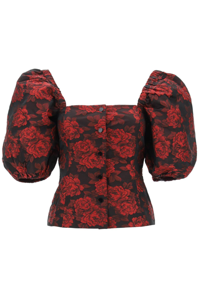 Shop Ganni Blouse In Floral Jacquard In High Risk Red (red)