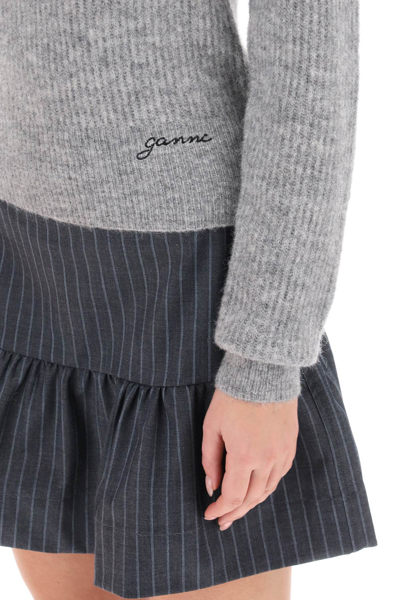 Shop Ganni Sweater With Sweetheart Neckline In Paloma Melange (grey)