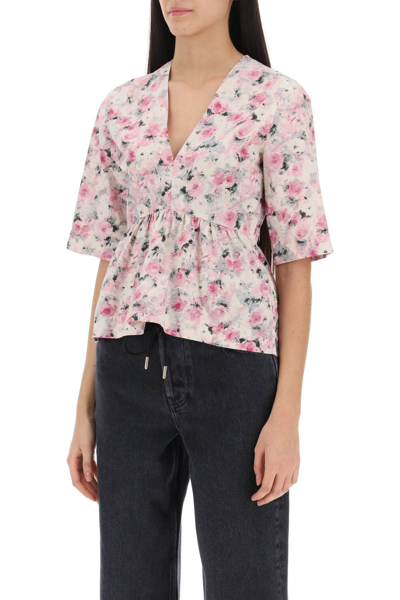 Shop Ganni Floral Peplum Blouse In Orchid Smoke