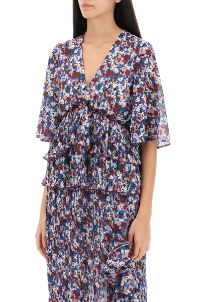 Shop Ganni Pleated Blouse With Floral Motif In Multicolour