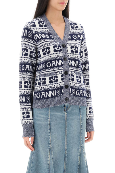 Shop Ganni Jacquard Wool Cardigan With Logo Pattern In Sky Captain (white)