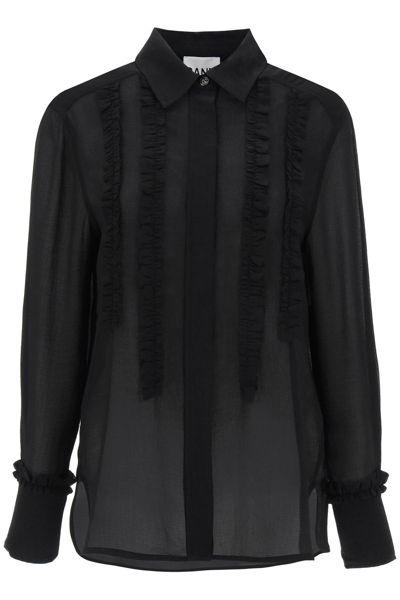 Shop Ganni Ruffled Chiffon Shirt In Black (black)