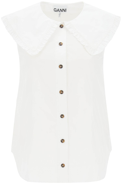 Shop Ganni Sleeveless Shirt With Maxi Collar In Bright White (white)