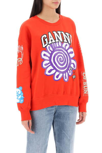 Shop Ganni Sweatshirt With Graphic Prints In High Risk Red (red)