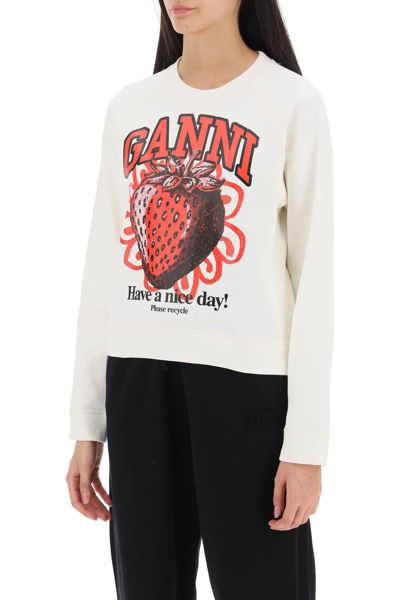 Shop Ganni Crew-neck Sweatshirt With Graphic Print In Vanilla Ice (white)