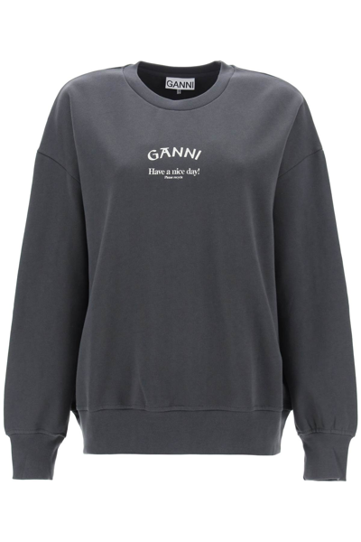 Shop Ganni Oversized Sweatshirt With Logo Print In Volcanic Ash (grey)