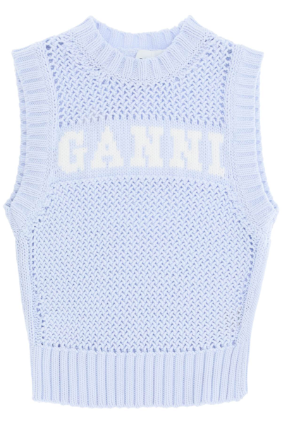 Shop Ganni Open-stitch Knitted Vest With Logo In Powder Blue (light Blue)