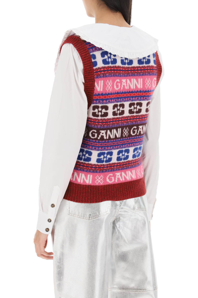 Shop Ganni Jacquard Wool Vest With Logo Pattern In Multicolour