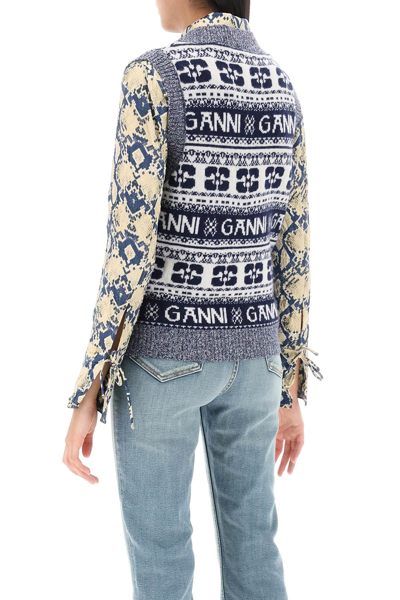 Shop Ganni Jacquard Wool Vest With Logo Pattern In Sky Captain (white)