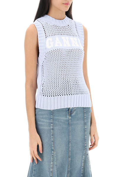 Shop Ganni Open-stitch Knitted Vest With Logo In Powder Blue (light Blue)