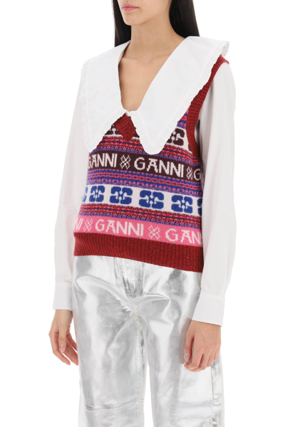Shop Ganni Jacquard Wool Vest With Logo Pattern In Multicolour