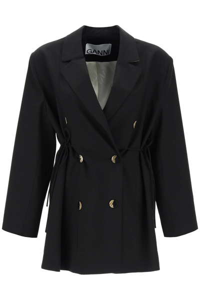 Shop Ganni Double-breasted Blazer With Self-tie Strings In Black (black)
