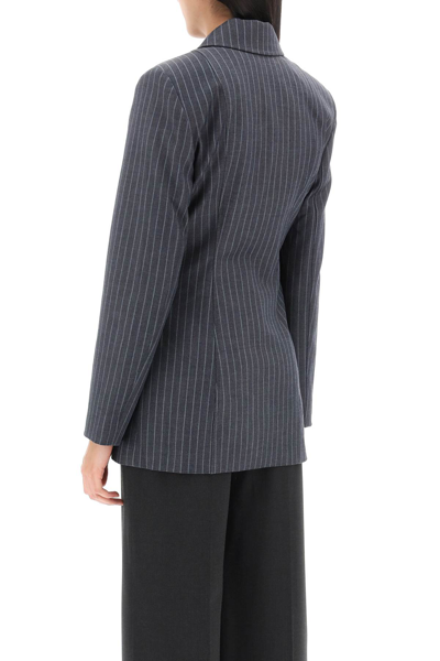 Shop Ganni Pinstriped Single-breasted Blazer In Gray Pinstripe (grey)
