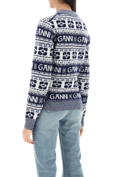Shop Ganni Jacquard Wool Sweater With Logo Pattern In Sky Captain (white)