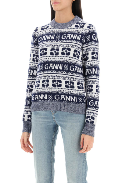 Shop Ganni Jacquard Wool Sweater With Logo Pattern In Sky Captain (white)