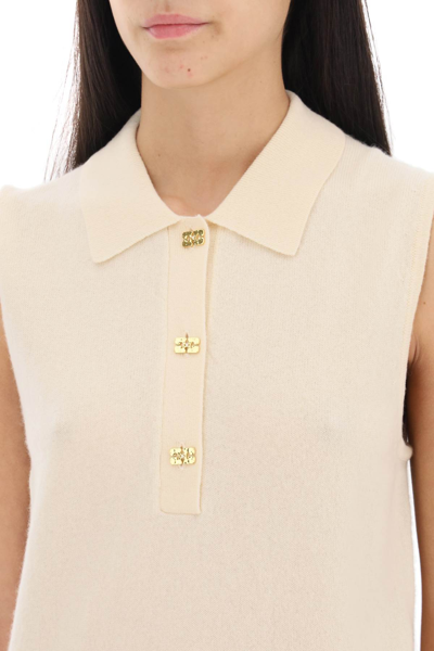 Shop Ganni Sleeveless Polo Shirt In Wool And Cashmere In Alabaster Gleam (beige)