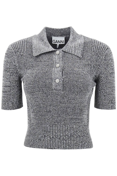 Shop Ganni Stretch Knit Polo Top With Jewel Buttons In Black (grey)