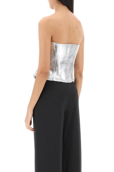 Shop Ganni Bustier Top In Foil Denim In Bright White (silver)