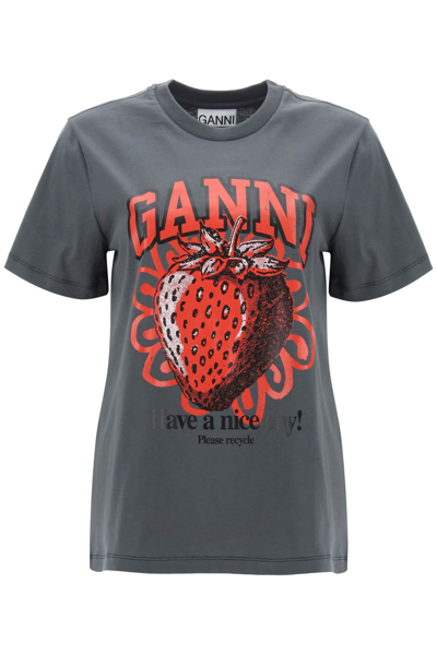Shop Ganni T-shirt With Graphic Print In Volcanic Ash (grey)
