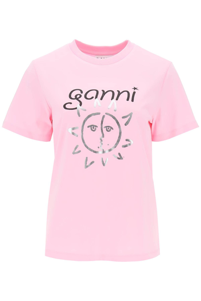 Shop Ganni Crew-neck T-shirt With Print In Lilac Sachet (pink)