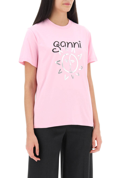 Shop Ganni Crew-neck T-shirt With Print In Lilac Sachet (pink)