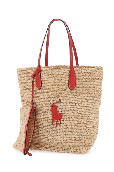 Shop Polo Ralph Lauren Large Big Pony Raffia Tote Bag In Natural Red (beige)