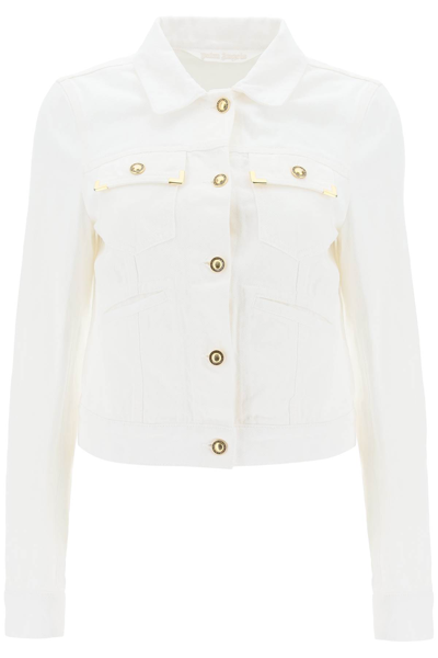 Shop Palm Angels Short Denim Jacket In Off White Off White (white)