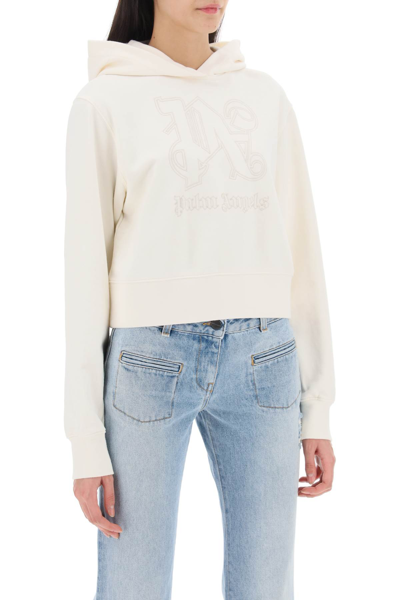 Shop Palm Angels Cropped Hoodie With Monogram Embroidery In Off White Off White (white)