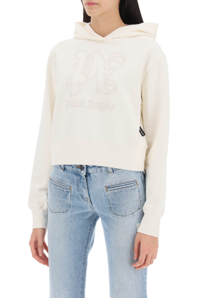 Shop Palm Angels Cropped Hoodie With Monogram Embroidery In Off White Off White (white)