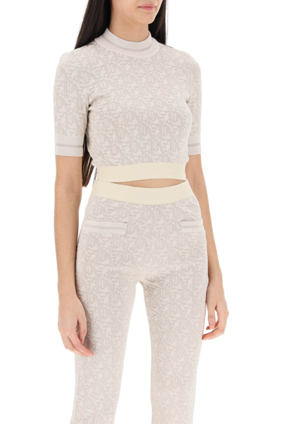 Shop Palm Angels Monogram Cropped Top In Lurex Knit In Off White Beige