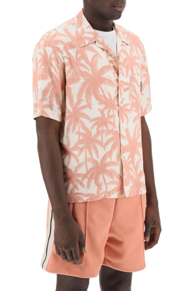 Shop Palm Angels Bowling Shirt With Palms Motif In Off White Pink (pink)