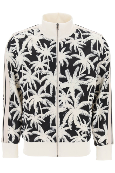 Shop Palm Angels Zip-up Sweatshirt With Palms Print In Black Off White (white)