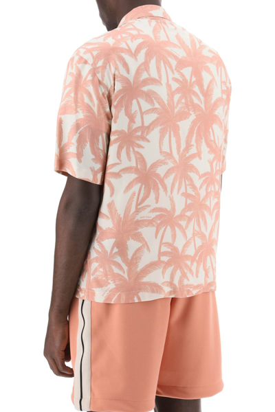 Shop Palm Angels Bowling Shirt With Palms Motif In Off White Pink (pink)