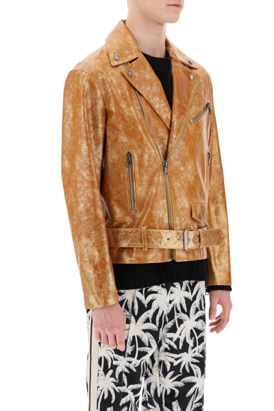 Shop Palm Angels Pa City Biker Jacket In Laminated Leather In Gold Red (orange)