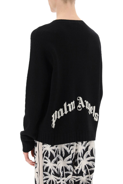 Shop Palm Angels Wool Sweater With Logo Intarsia In Black White (black)
