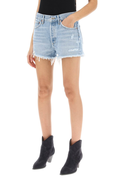 Shop Agolde Parker Distressed Denim Shorts In Swapment (light Blue)