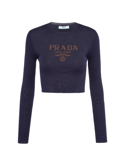 Shop Prada Women's Cropped Silk Sweater With Logo In Blue