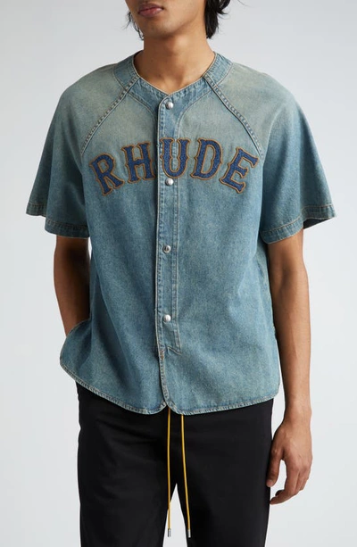 Shop Rhude Embroidered Logo Denim Baseball Shirt In Dark Indigo