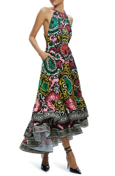 Shop Alice And Olivia Loyce Mixed Print High-low Maxi Dress In Monarch Black Medium